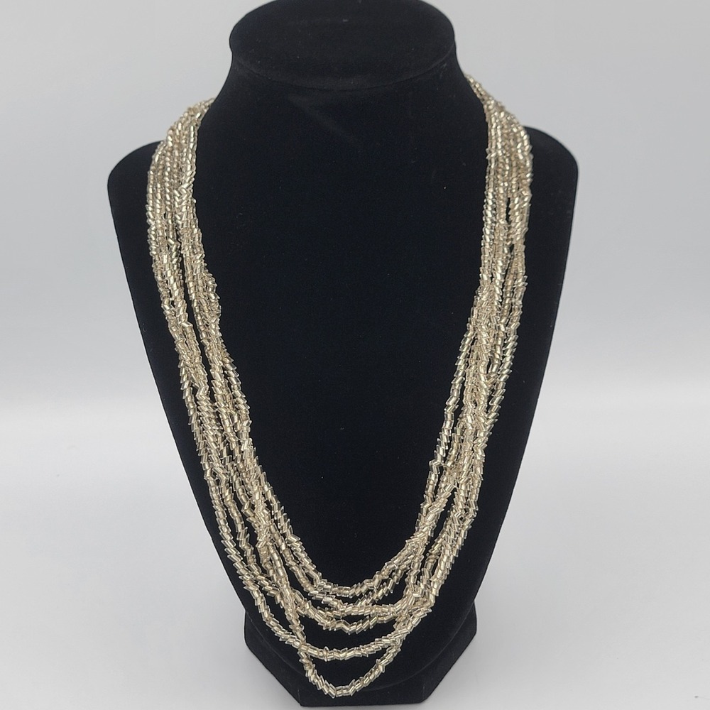 Vintage‎ 50s Multi Strand 6 Silver Tone Glass Seed Bead Necklace 26in